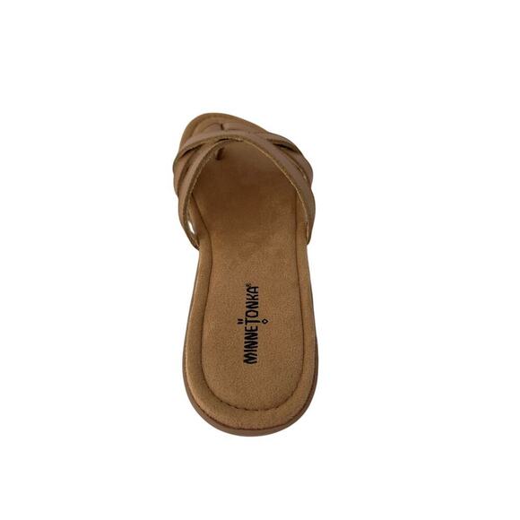 MinneTonka Women’s Tan crisscross Leather padded insole comfy Slippers Sz 12M. - Picture 5 of 9